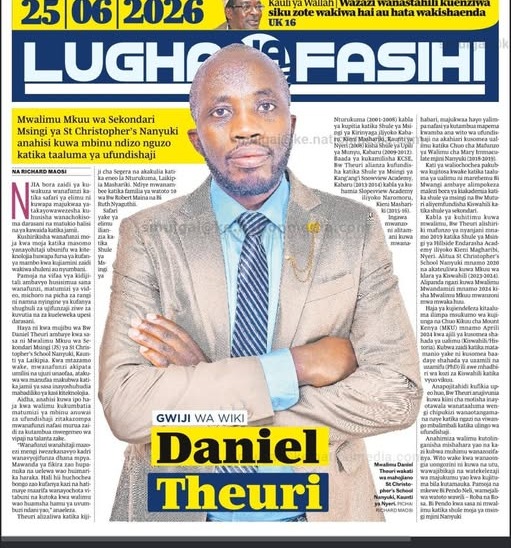 Taifa Leo's Gwiji wa Wiki feature on Head Teacher Daniel Theuri, Lugha na Fasihi, 25 June 2026