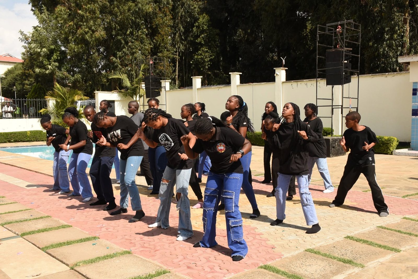 Students performing a coordinated group dance routine